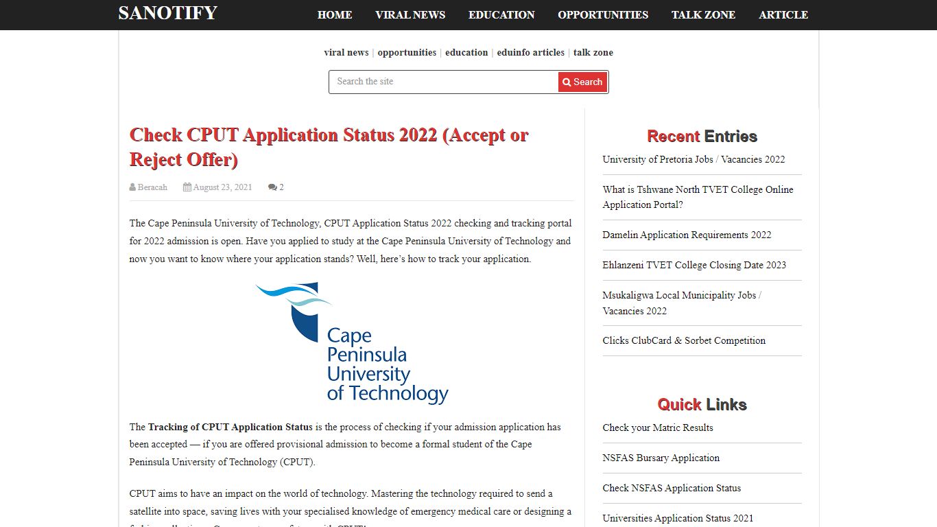 Check CPUT Application Status 2022 (Accept or Reject Offer) - SANotify