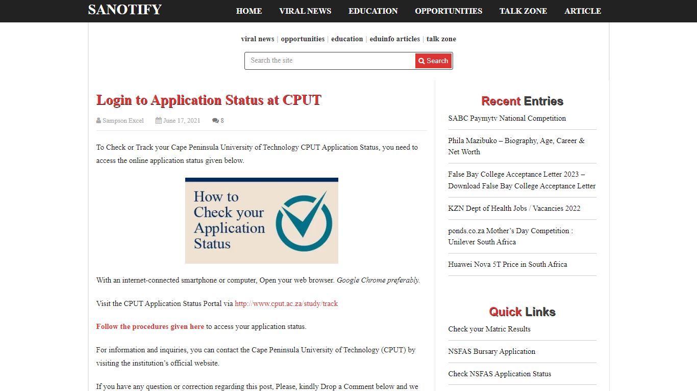 Login to Application Status at CPUT - SANotify